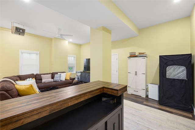 57 Foster St, Warwick, RI 02889 - interior space featuring butcher block countertops, recessed lighting, ceiling fan, open floor plan, and wood finished floors