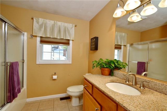 1 Augusta St, Providence, RI 02908 - full bath featuring tile patterned flooring, vanity, toilet, enclosed tub / shower combo, and baseboards