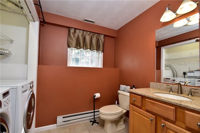 1 Augusta St, Providence, RI 02908 - bathroom with tile patterned flooring, vanity, washer and dryer, toilet, and a baseboard radiator