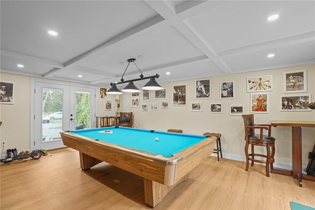 playroom featuring billiards, light wood-type flooring, recessed lighting, and coffered ceiling