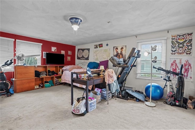 interior space featuring a textured ceiling and carpet