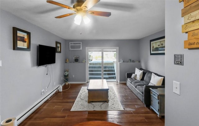 200 Manville Hill Rd Unit 126, Cumberland, RI 02864 - living area featuring ceiling fan, a wall unit AC, dark wood finished floors, baseboards, and a baseboard heating unit
