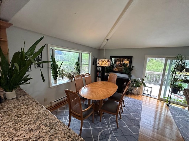 63 Duck Cove Rd, North Kingstown, RI 02852 - dining space with baseboard heating, lofted ceiling with beams, and wood finished floors