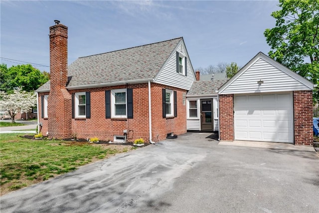 46 Freeman St, Warwick, RI 02886 - view of front of home with a garage, aphalt driveway, roof with shingles, a chimney, and brick siding