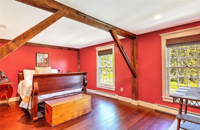 bedroom with baseboards, wood-type flooring, a baseboard heating unit, and visible vents