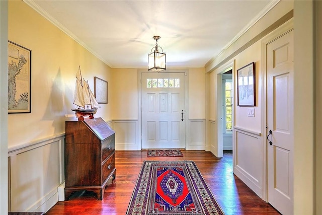 foyer featuring wainscoting, dark wood finished floors, and a wealth of natural light
