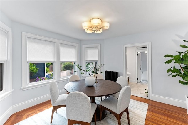 dining space with baseboards, radiator heating unit, and wood finished floors