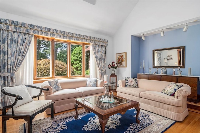 10 Oak Hill Dr, Lincoln, RI 02865 - living room featuring rail lighting, wood finished floors, and lofted ceiling