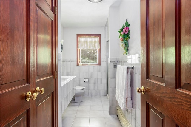 10 Oak Hill Dr, Lincoln, RI 02865 - full bathroom with a shower with shower door, a baseboard radiator, tile patterned floors, tile walls, and toilet