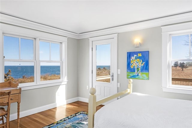 bedroom featuring wood finished floors, crown molding, a water view, and baseboards
