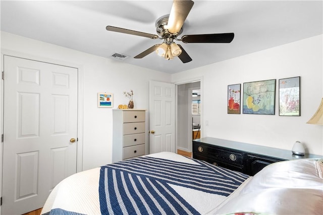 bedroom featuring visible vents and ceiling fan