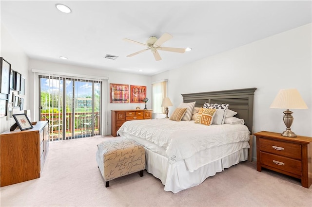 bedroom featuring light colored carpet, visible vents, ceiling fan, access to exterior, and recessed lighting