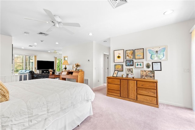 bedroom featuring recessed lighting, visible vents, light colored carpet, and baseboards