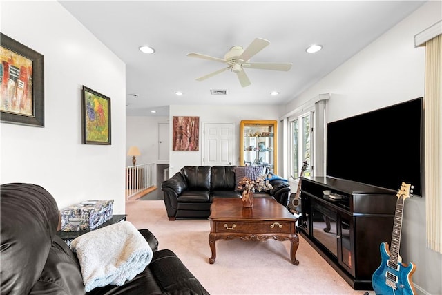 carpeted living area featuring visible vents, ceiling fan, and recessed lighting