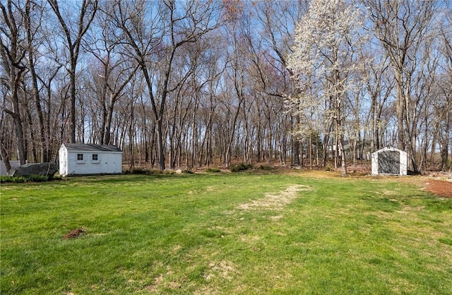 view of yard with an outbuilding and a storage shed