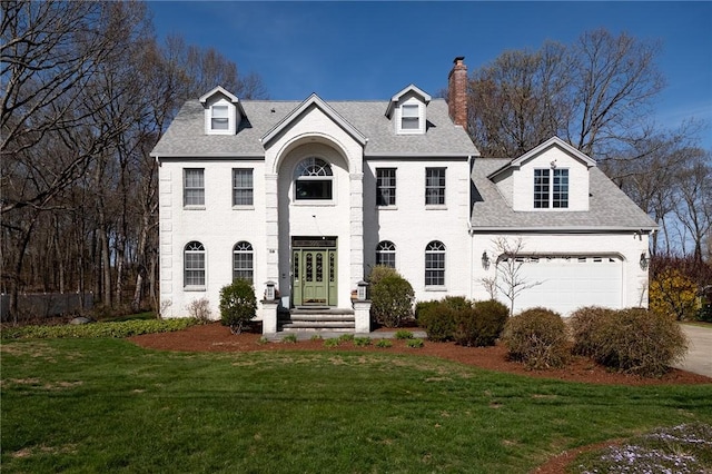 view of front facade featuring a front yard, a garage, a chimney, roof with shingles, and concrete driveway