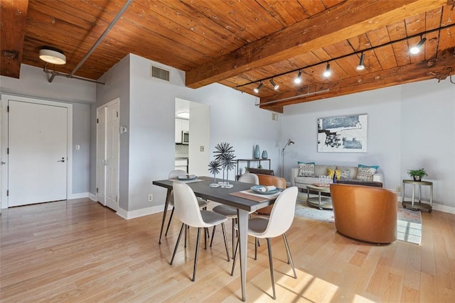 dining area featuring wood ceiling, visible vents, baseboards, light wood-type flooring, and rail lighting