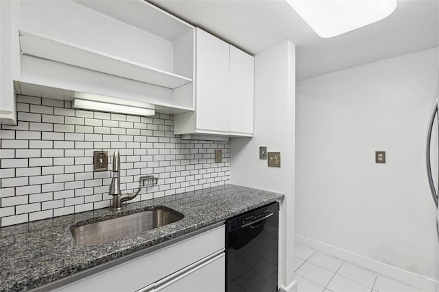 kitchen with open shelves, white cabinets, a sink, light tile patterned flooring, and black dishwasher