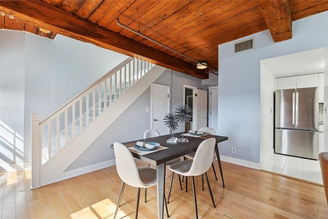 dining area featuring beamed ceiling, visible vents, wooden ceiling, and light wood-type flooring