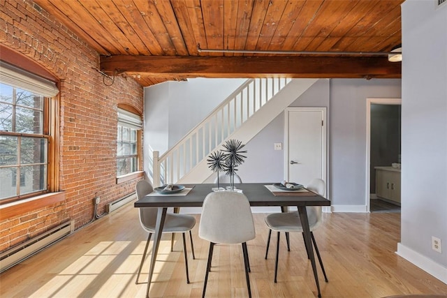 dining space featuring wooden ceiling, wood finished floors, stairway, and a baseboard radiator