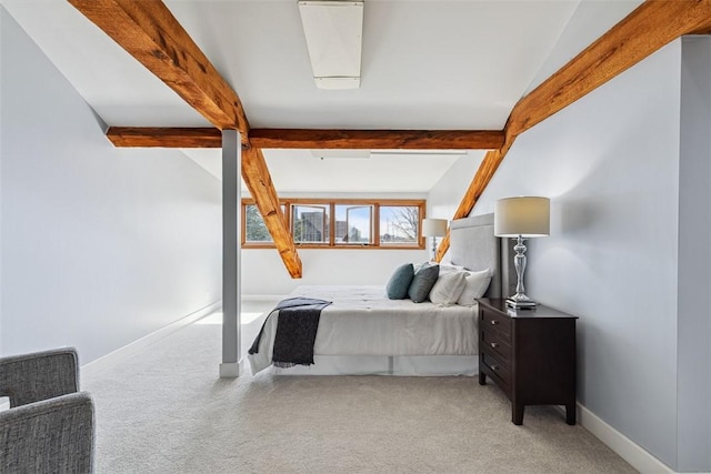 bedroom with vaulted ceiling with beams, light colored carpet, and baseboards