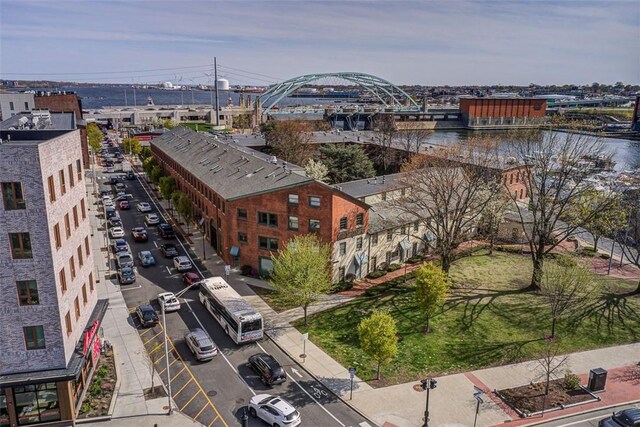 bird's eye view with a water view