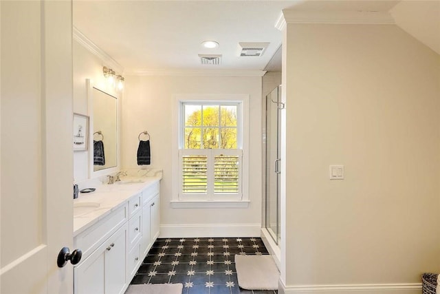 full bathroom featuring tile patterned floors, a shower stall, and visible vents