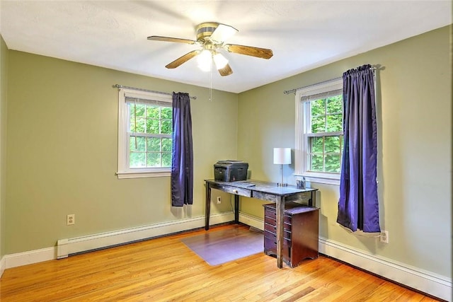 4 Johnson Ct, Bristol, RI 02809 - home office with baseboard heating, wood finished floors, a ceiling fan, and baseboards