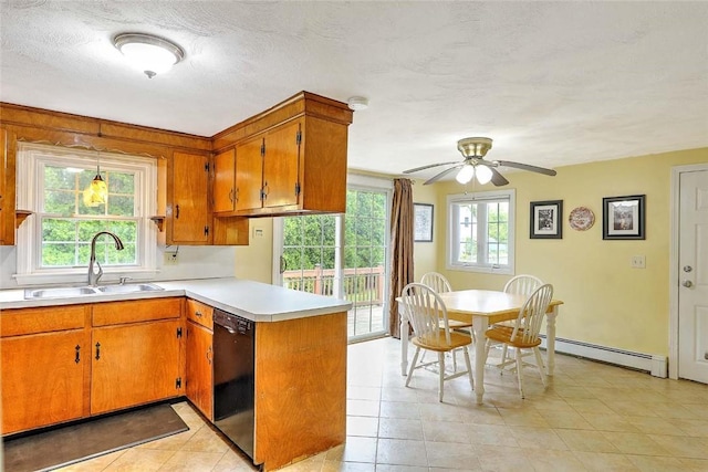 4 Johnson Ct, Bristol, RI 02809 - kitchen with a sink, black dishwasher, a baseboard radiator, and brown cabinetry