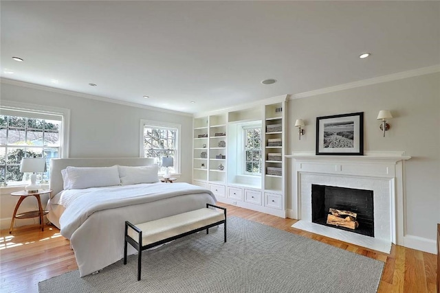 750 Elmgrove Ave, Providence, RI 02906 - bedroom with crown molding, a fireplace, and light wood finished floors