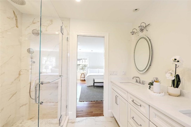 750 Elmgrove Ave, Providence, RI 02906 - ensuite bathroom featuring a sink, ensuite bath, double vanity, a marble finish shower, and marble finish floor
