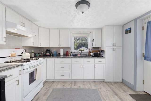 kitchen featuring white range with gas cooktop, a sink, under cabinet range hood, and light wood-style floors