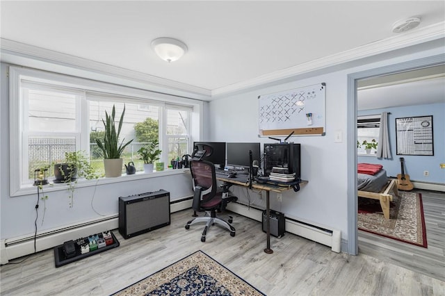 office space featuring a baseboard heating unit, ornamental molding, and wood finished floors