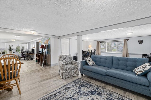 living room with a wealth of natural light, a textured ceiling, and light wood-style flooring