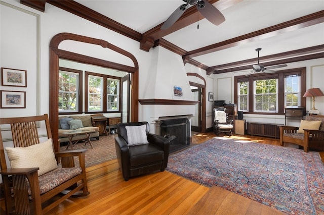 living area featuring ceiling fan, radiator, a large fireplace, wood finished floors, and ornamental molding