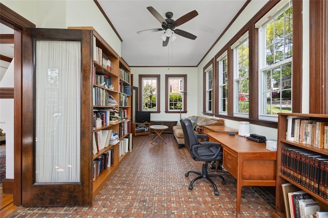 office space with ceiling fan and crown molding