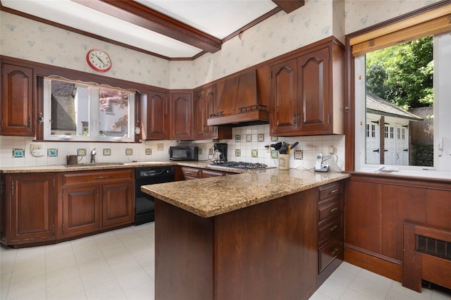 kitchen with wallpapered walls, black appliances, custom exhaust hood, a peninsula, and light stone countertops