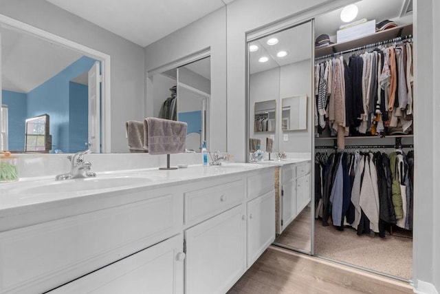 bathroom featuring double vanity, a sink, wood finished floors, and a spacious closet