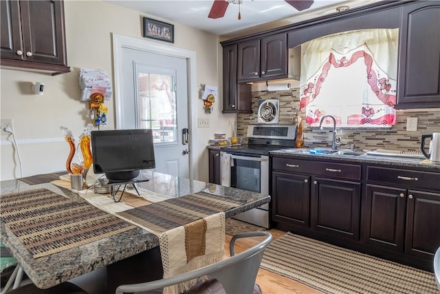 132 Bakers Creek Rd, Warwick, RI 02886 - kitchen with stainless steel range with electric cooktop, a ceiling fan, a sink, and tasteful backsplash