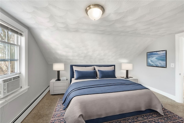 bedroom with vaulted ceiling, cooling unit, carpet, and a baseboard radiator