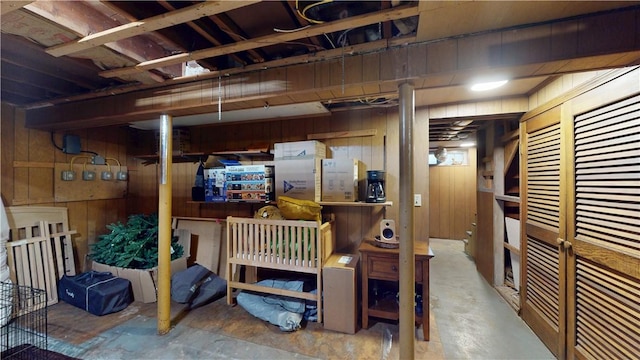 unfinished basement with wooden walls