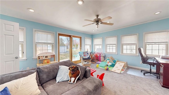 game room featuring recessed lighting, ornamental molding, a ceiling fan, and carpet flooring