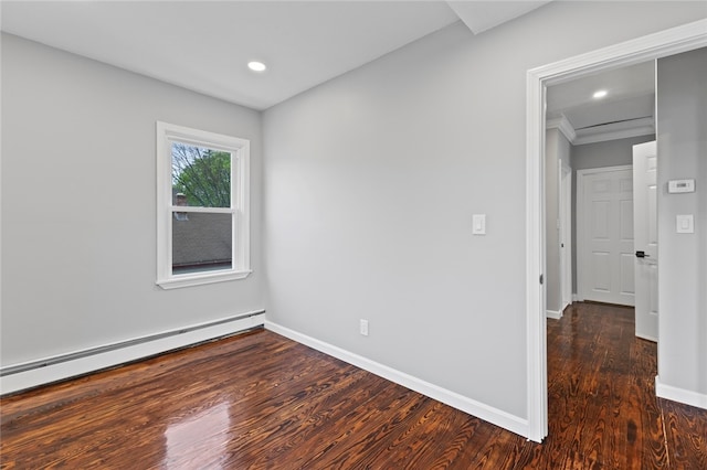 spare room with a baseboard radiator, wood finished floors, recessed lighting, and baseboards