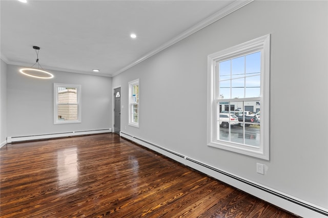 interior space with a baseboard radiator, wood finished floors, and ornamental molding