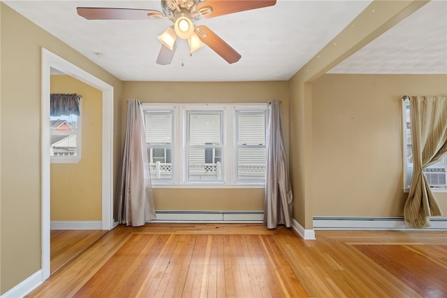 spare room with hardwood / wood-style floors, baseboards, and a baseboard heating unit