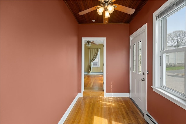 interior space with light wood finished floors, wooden ceiling, baseboard heating, and plenty of natural light