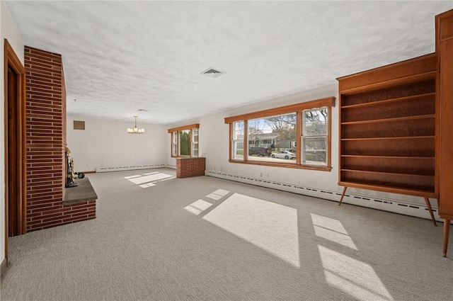21 Top St, Westerly, RI 02891 - unfurnished living room featuring an inviting chandelier, carpet floors, baseboard heating, and visible vents