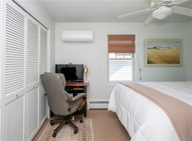 carpeted bedroom featuring ceiling fan, a wall mounted air conditioner, baseboard heating, and a closet