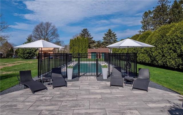 view of patio / terrace featuring fence and a fenced in pool
