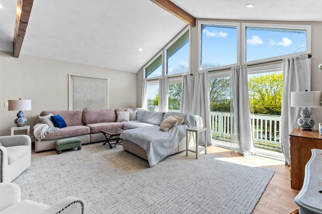 living room featuring recessed lighting, high vaulted ceiling, hardwood / wood-style flooring, and beamed ceiling